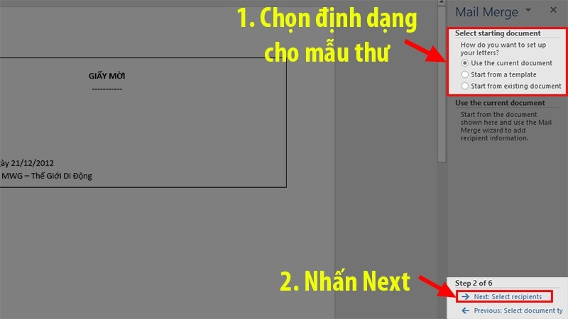 Chọn định dạng mẫu thư và nhấn Next trong Mail Merge Word