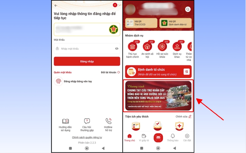 Đăng nhập và chọn banner chương trình cứu trợ trên VNeID