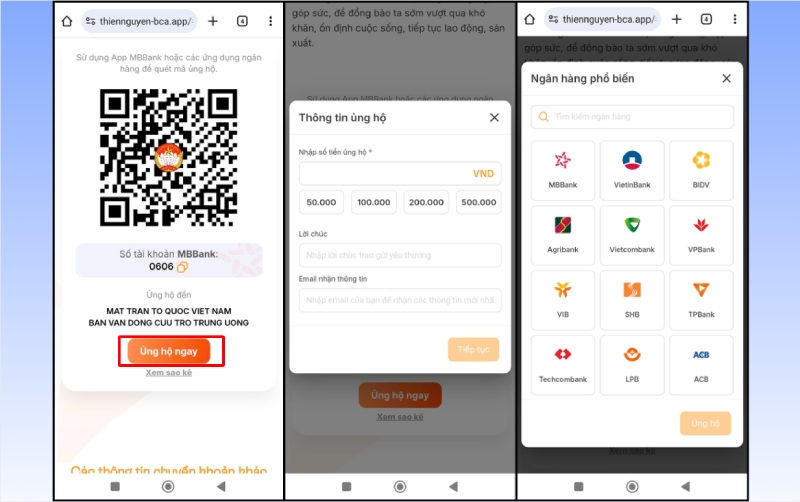 Các bước nhập thông tin và chọn ngân hàng khi ủng hộ qua VNeID
