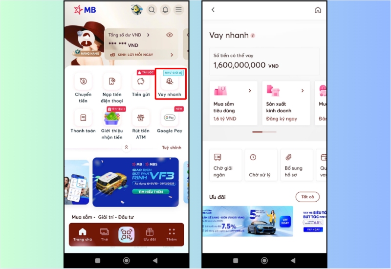 Giao diện mục “Vay nhanh” trên app MB Bank