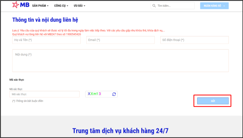 Mẫu form liên hệ khách hàng trên website MB Bank