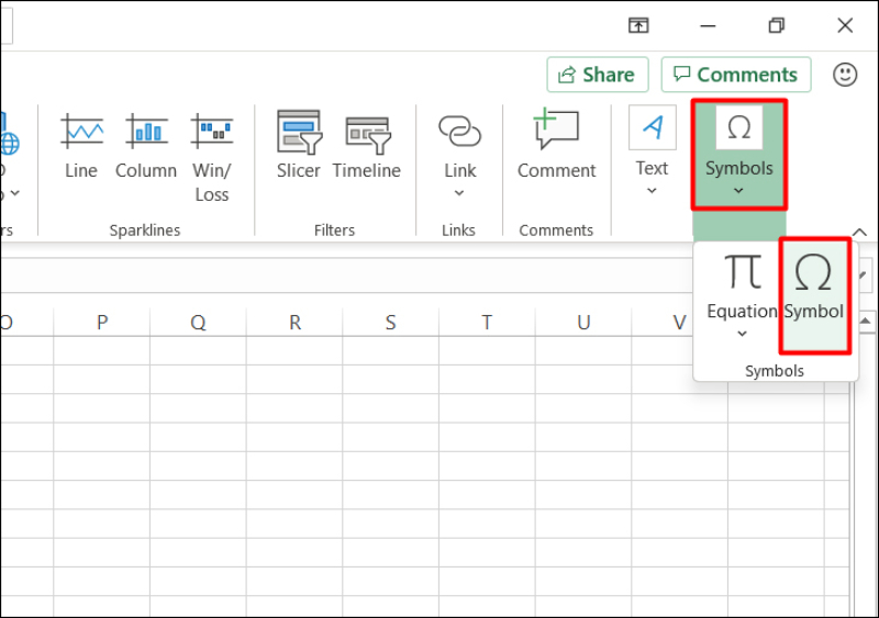 Mở mục Symbol trong tab Insert 