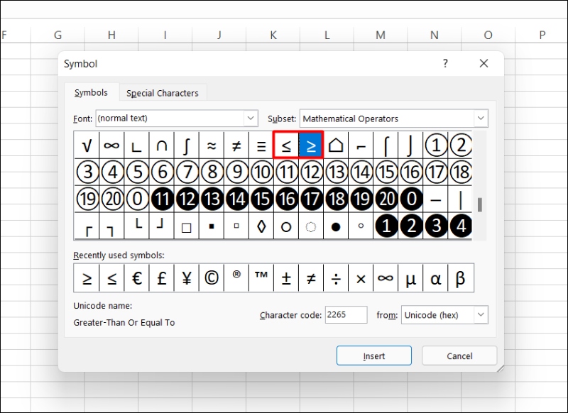 Chọn dấu ≥ trong hộp thoại Symbol