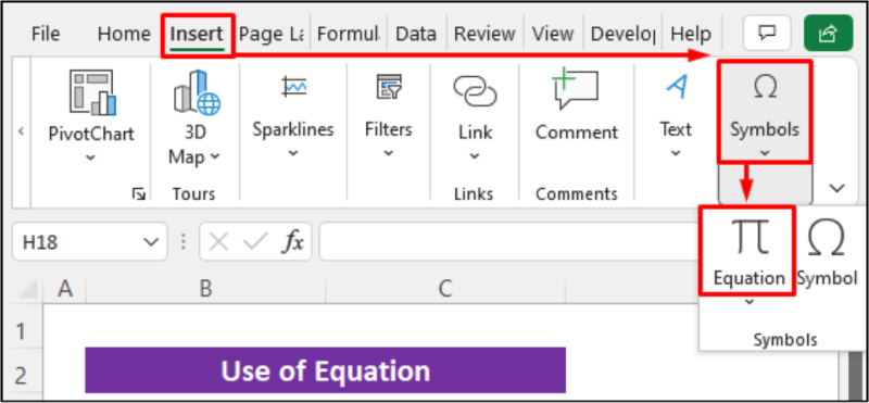 Chọn Equation trong tab Insert của Excel