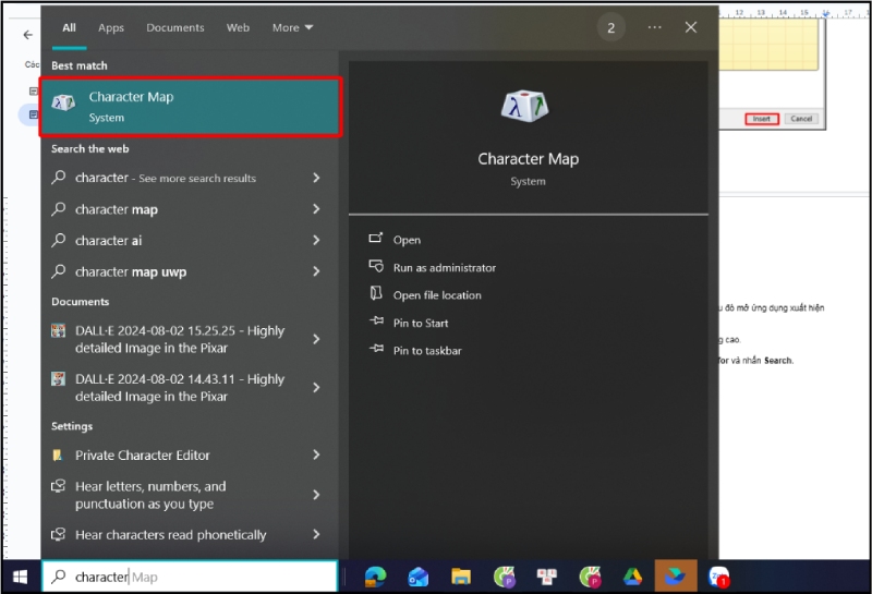 Tìm ứng dụng Character Map trên Windows