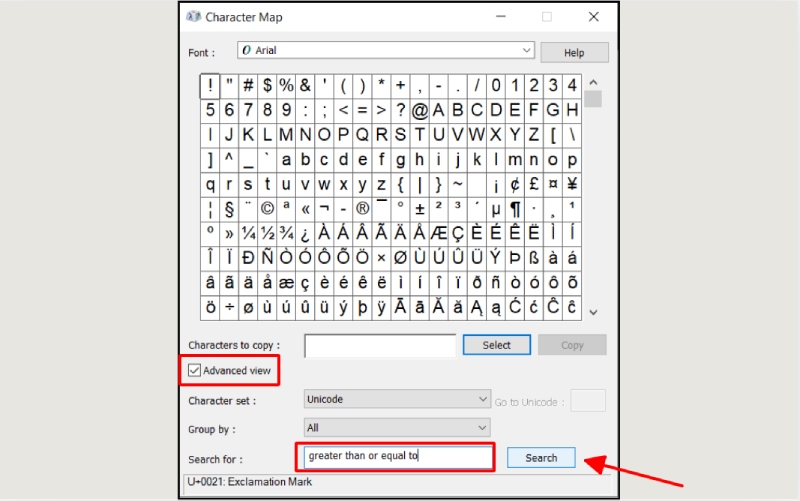 Tìm dấu ≥ trong Character Map bằng Advanced view