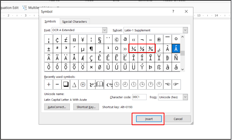 Chọn ký tự phân số trong bảng Symbol và nhấn Insert