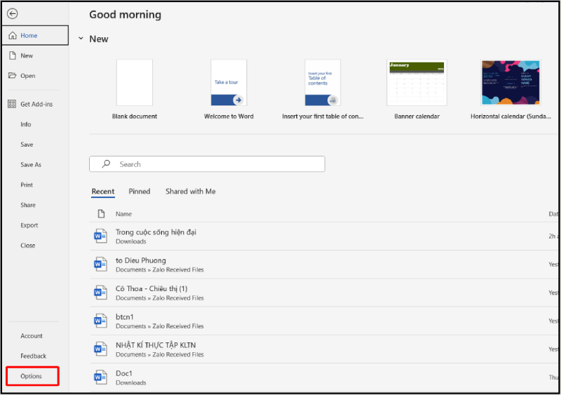 Mở Word Options từ giao diện Home