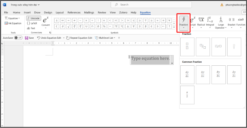 Chọn Fraction trong bảng công thức của Word