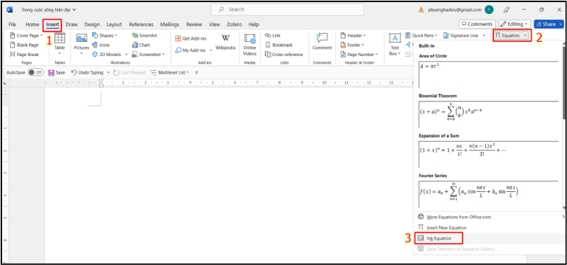 Vào mục Ink Equation trong Word 
