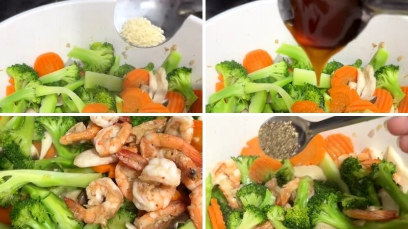 Các bước nêm gia vị và xào tôm với rau củ