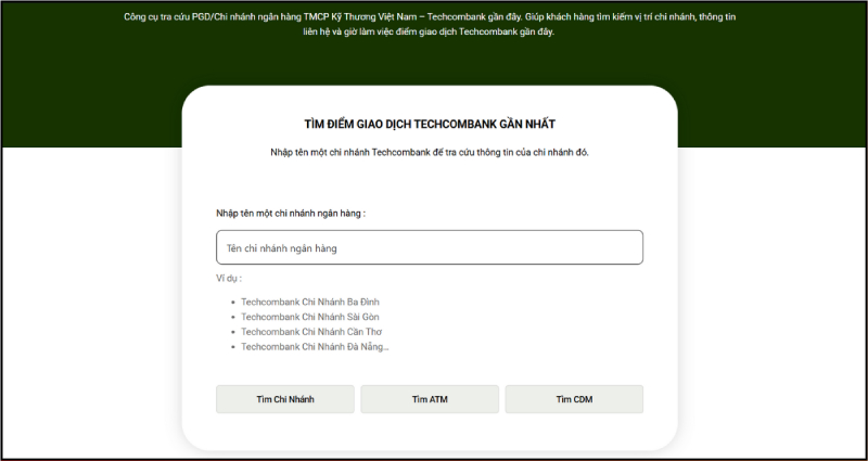 Giao diện tra cứu chi nhánh và ATM Techcombank trên website