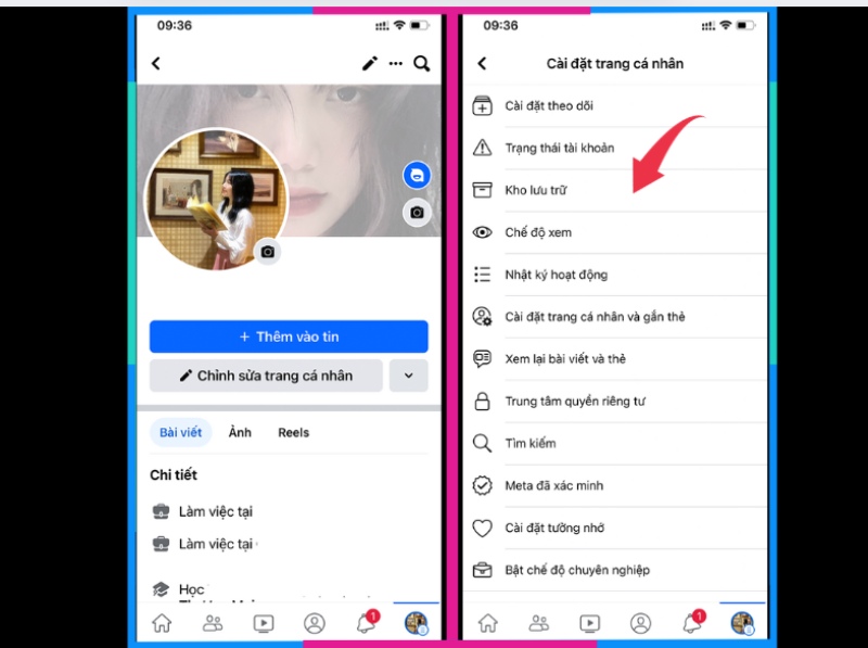 Mở trang cá nhân Facebook và chọn mục kho lưu trữ