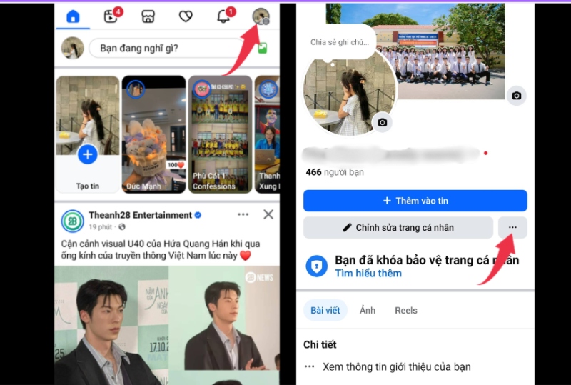 Truy cập trang cá nhân Facebook và nhấn biểu tượng ba chấm
