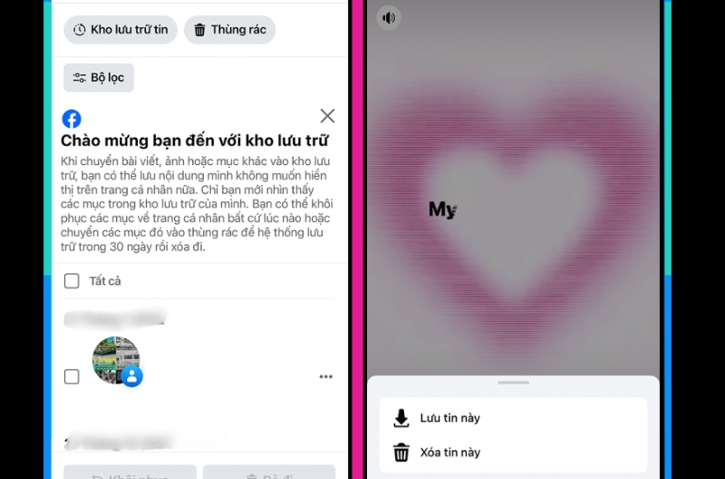 Giao diện kho lưu trữ tin và lưu story Facebook