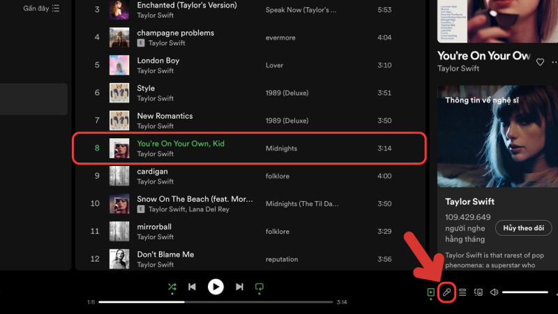 Bật chế độ xem lời bài hát Taylor Swift trên Spotify