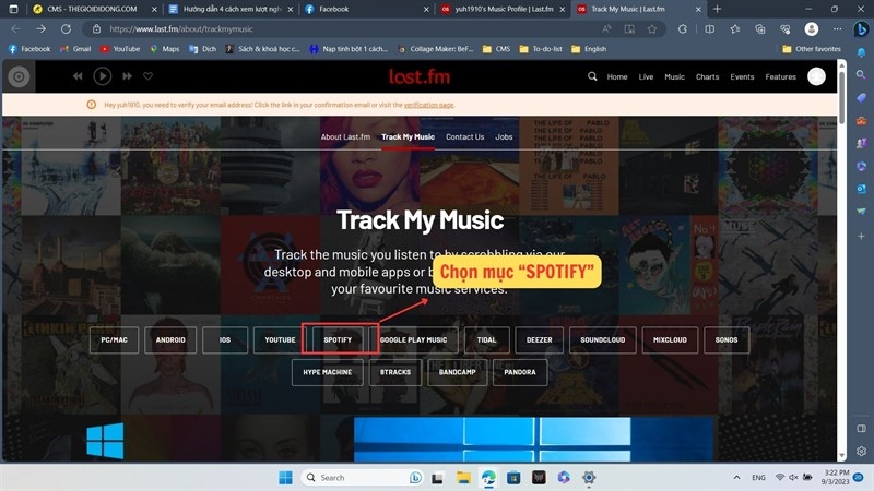 Trang Track My Music của Last.fm, chọn mục Spotify