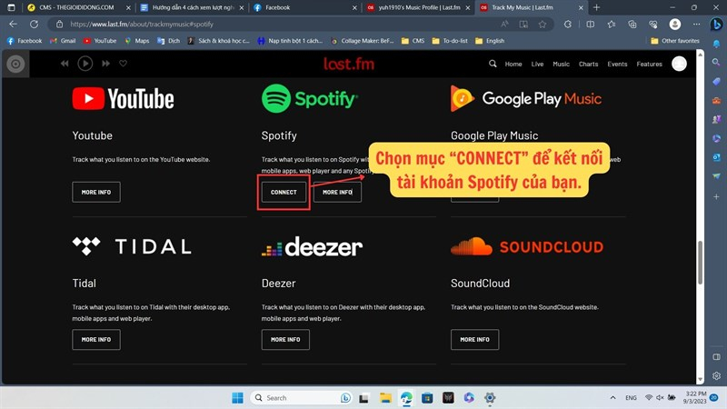 Trang Last.fm chọn mục Connect để liên kết tài khoản Spotify