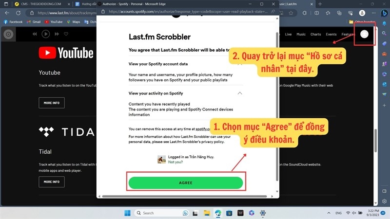 Cửa sổ cấp quyền Last.fm Scrobbler, chọn Agree để đồng ý điều khoản