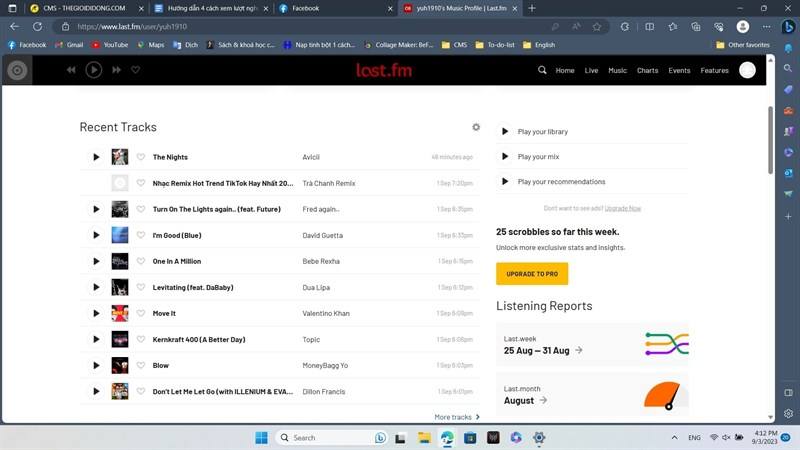 Giao diện Last.fm hiển thị danh sách bài hát nghe gần đây