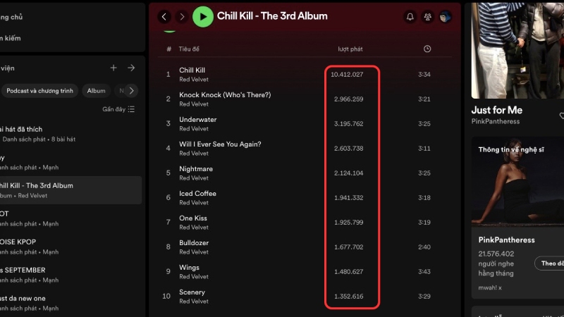 Giao diện album Chill Kill – The 3rd Album hiển thị số lượt phát từng bài