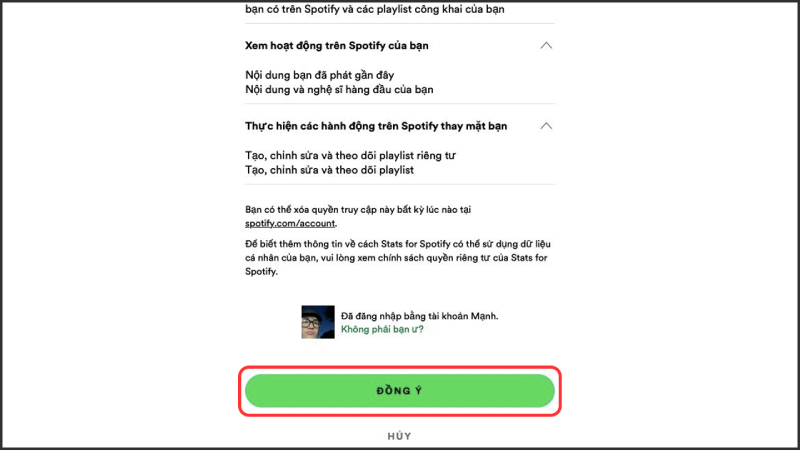 Cấp quyền truy cập tài khoản Spotify cho Stats for Spotify
