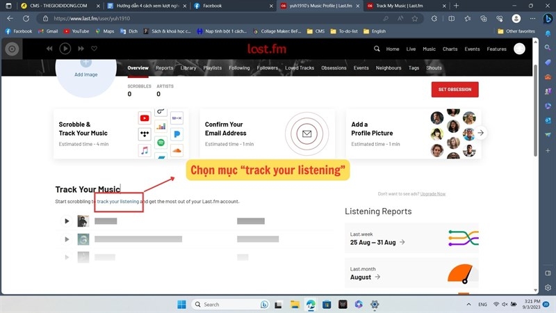 Giao diện Last.fm chọn mục “track your listening”