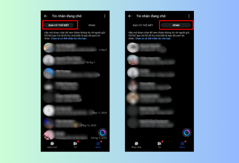Màn hình hiển thị tin nhắn chờ với 2 tab Spam và Bạn có thể biết