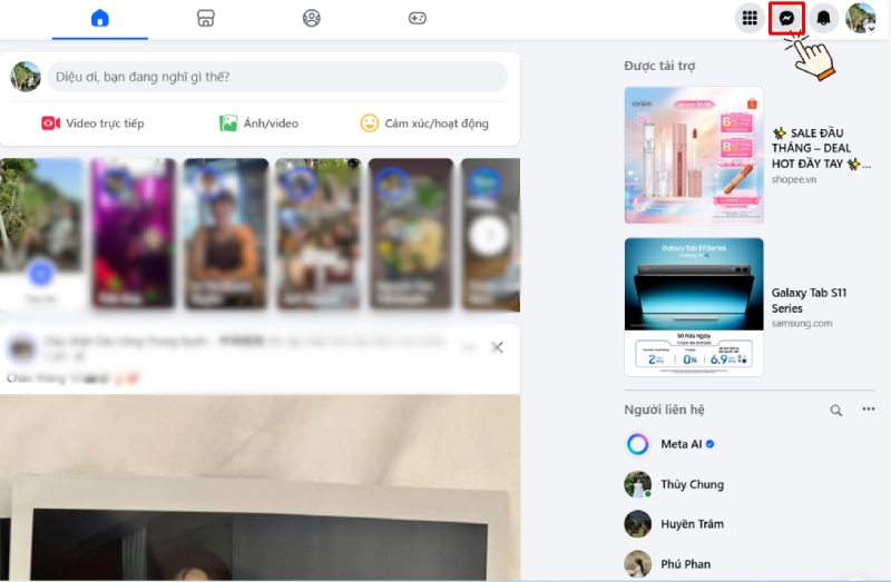 Nhấn biểu tượng Messenger trên giao diện Facebook máy tính