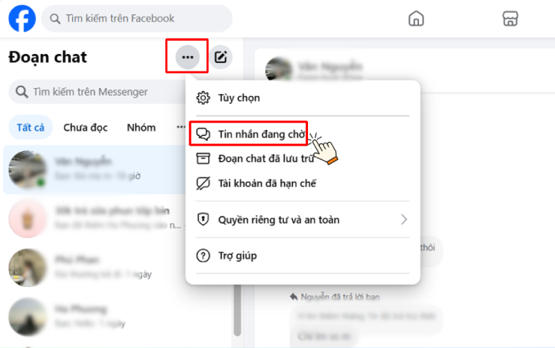 Chọn ba chấm rồi nhấn mục Tin nhắn đang chờ