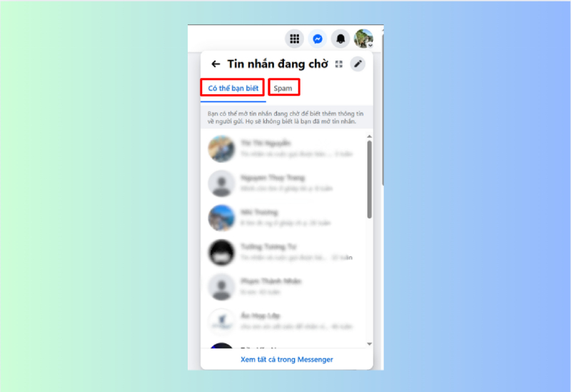 Giao diện tin nhắn chờ hiển thị hai tab Spam và Có thể bạn biết trên web