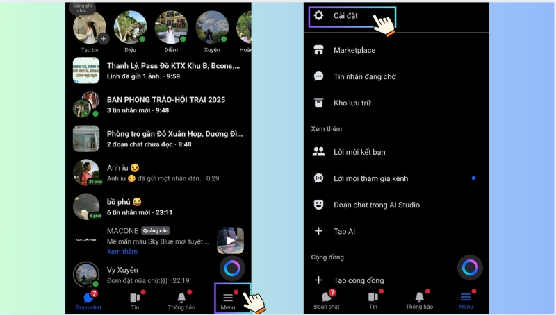 Giao diện phần cài đặt trong Messenger ở hệ điều hành Android