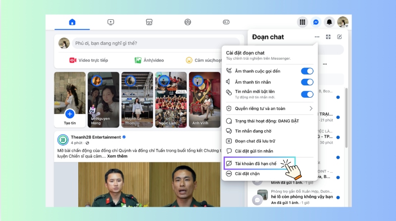 Truy cập cài đặt đoạn chat và chọn tài khoản đã hạn chế trên Messenger