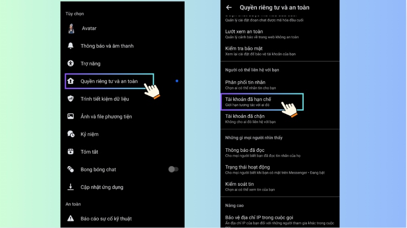 Tùy chọn quyền riêng tư và an toàn để xem tài khoản hạn chế Messenger