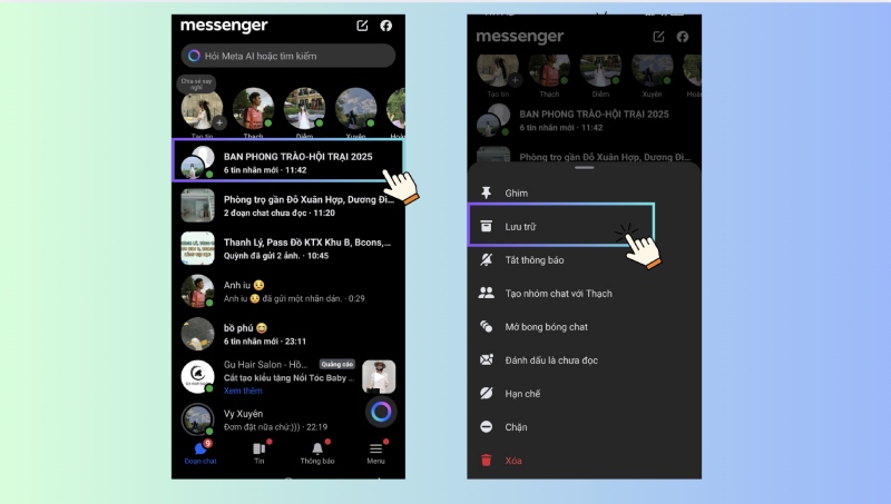 Thao tác lưu trữ đoạn chat trên Messenger bằng điện thoại
