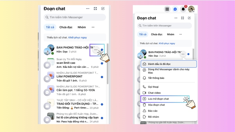 Lưu trữ tin nhắn Messenger trên máy tính từ menu đoạn chat