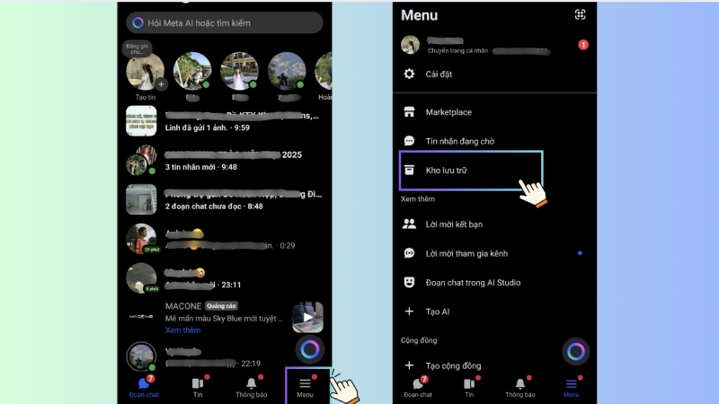 Truy cập mục kho lưu trữ tin nhắn trong menu Messenger trên điện thoại