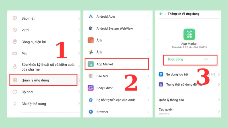 Vào Quản lý ứng dụng để buộc dừng App Market trên OPPO