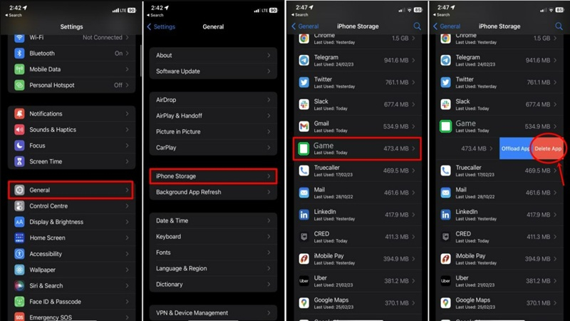 Thao tác truy cập mục iPhone Storage để quản lý và gỡ ứng dụng game
