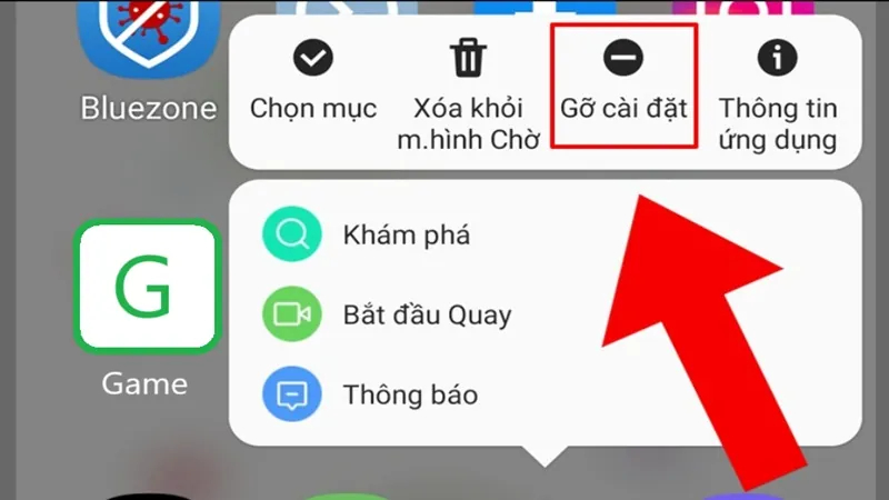 Biểu tượng tùy chọn gỡ cài đặt nhanh hiện trên màn hình