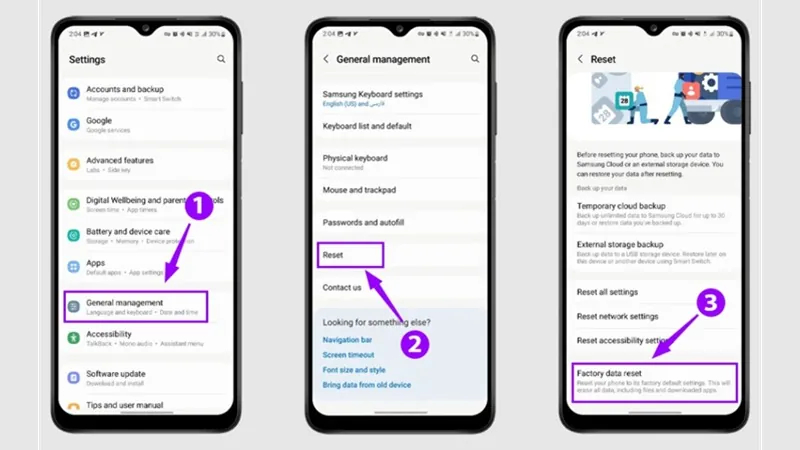 Truy cập General Management trên Android để xóa toàn bộ dữ liệu