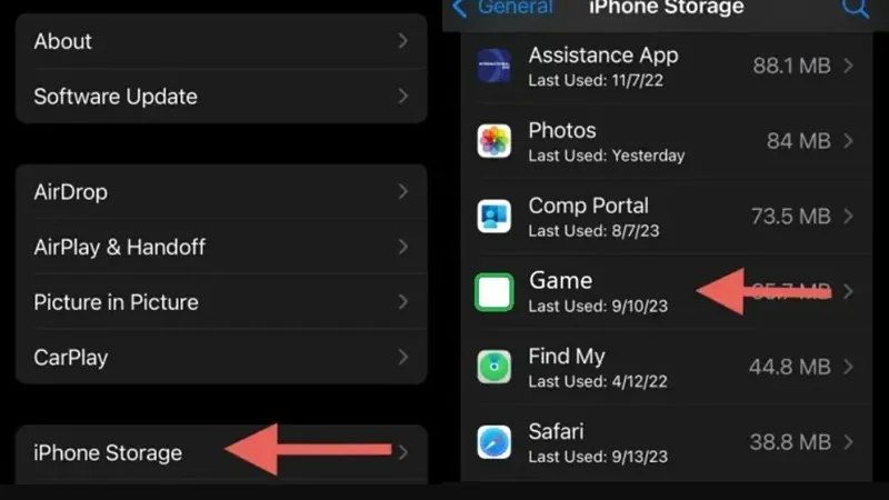 Vào phần Dung lượng iPhone và chọn ứng dụng game cần xóa