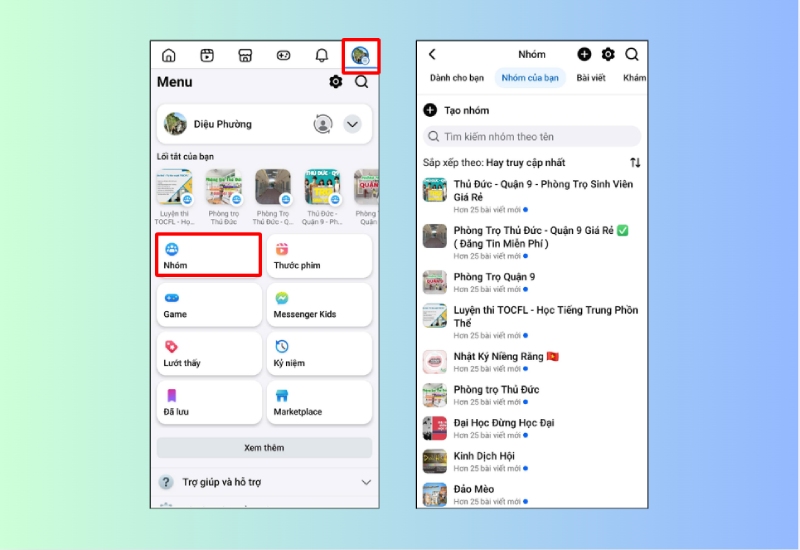 Truy cập mục Nhóm trong ứng dụng Facebook