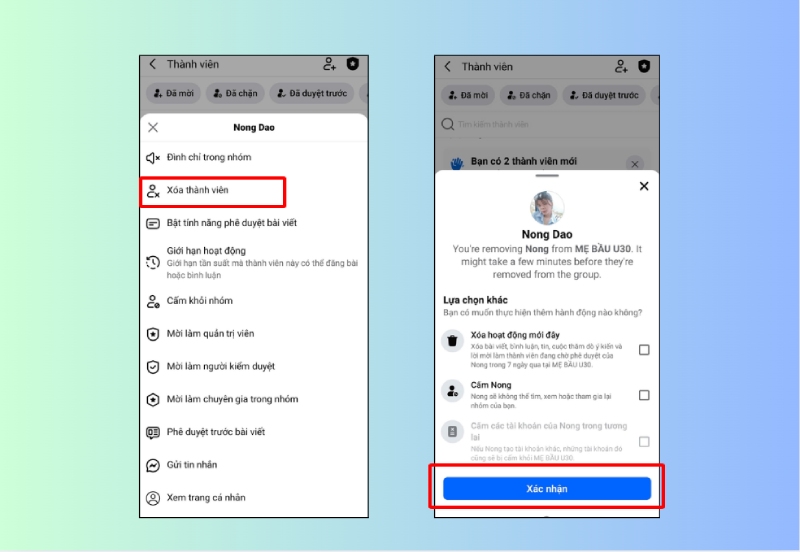 Chọn xóa thành viên khỏi nhóm
