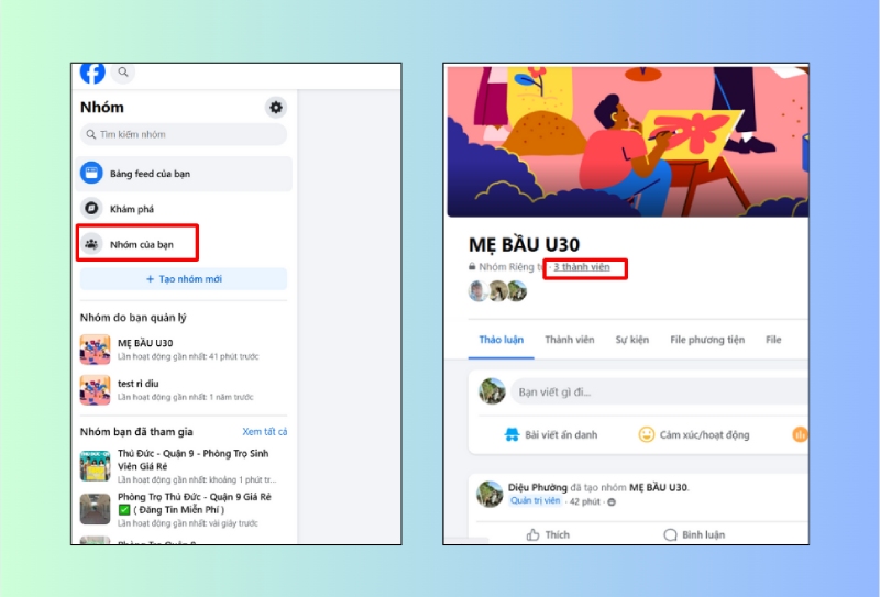 Vào nhóm cần quản lý và xem số thành viên