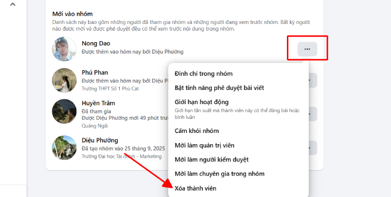 Chọn biểu tượng ba chấm để xóa thành viên