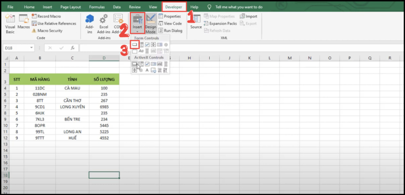 Mở tab Developer và chọn Insert để thêm nút lệnh