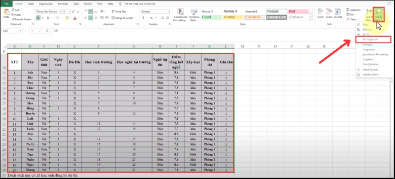 Chọn lệnh Go To Special trong mục Find & Select