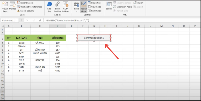 Tạo nút CommandButton trong trang tính Excel
