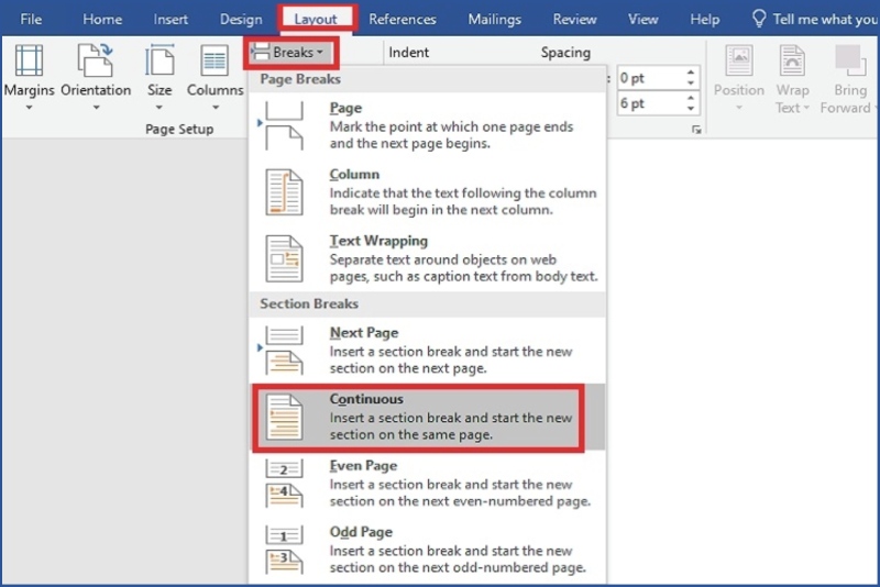 Chọn Continuous Break để tách section trong Word